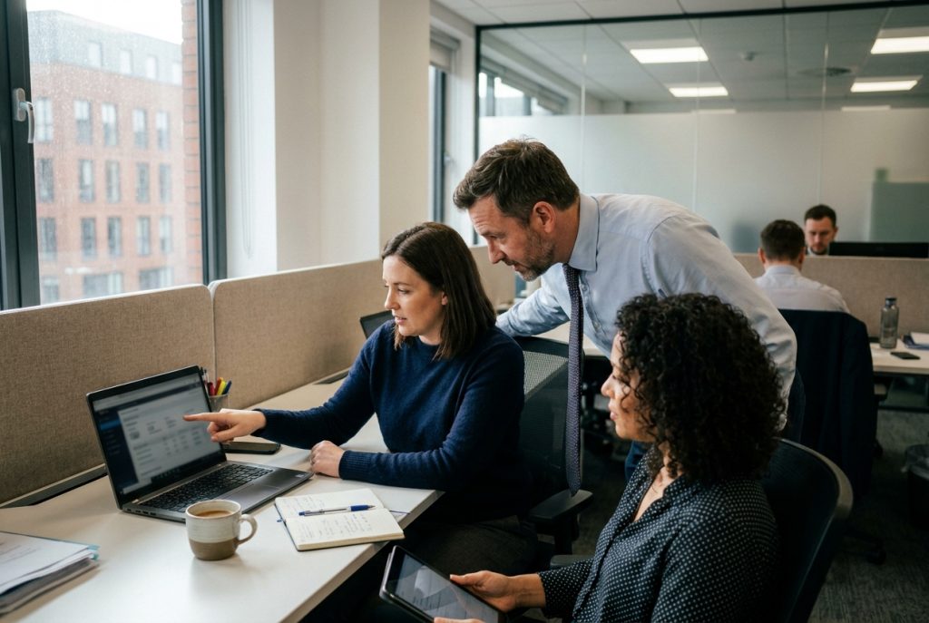 A UK insurance compliance team reviewing a labour supply chain assurance dashboard, illustrating the OPRaaS Virtual Compliance Director response to FCA third-party oversight and April 2026 JSL.