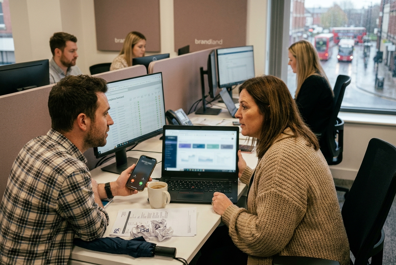 Two recruitment agency staff reviewing umbrella PSL data on a laptop, illustrating why JSL indemnity clauses are not a statutory defence and what labour supply chain assurance delivers instead.