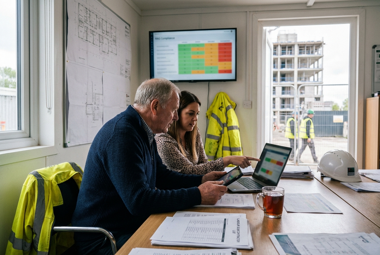 A UK construction site office showing a project director and compliance manager reviewing Joint and Several Liability evidence on a laptop, with a RAG compliance scorecard on the wall and a labour subcontractor list on the desk.