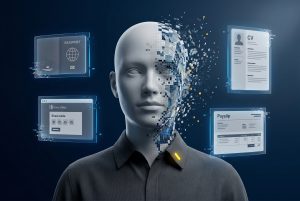 Deepfake contractor JSL risk: synthetic AI contractor identity dissolving into pixels alongside UK Right to Work and identity-document panels.
