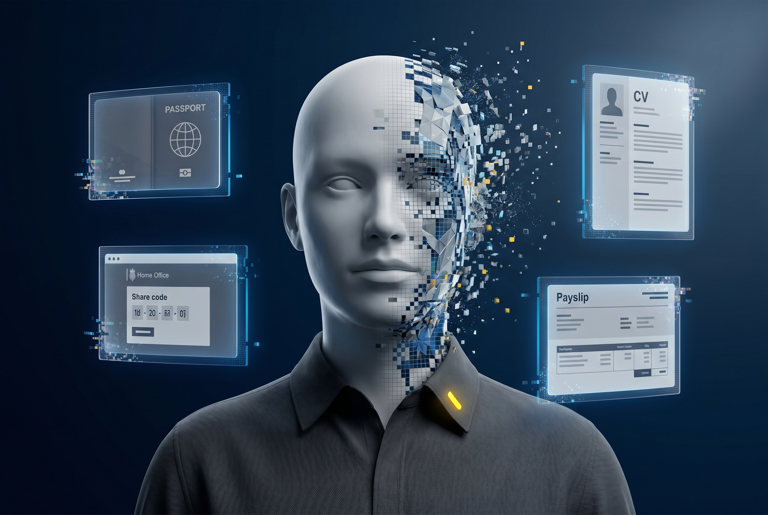 Deepfake contractor JSL risk: synthetic AI contractor identity dissolving into pixels alongside UK Right to Work and identity-document panels.