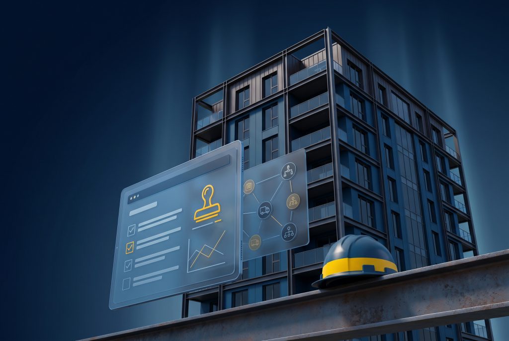 Editorial 3D illustration of a UK construction site under JSL and Building Safety Act named-accountability regimes, showing a mid-rise building with floating approval-stamp and supply-chain governance panels and a yellow-banded hard hat against a deep navy sky