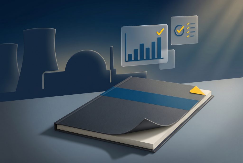 Editorial 3D illustration of an open audit dossier with an OPRaaS Navy band and yellow corner tab, set against a stylised silhouette of nuclear cooling towers, conveying NAO value-for-money scrutiny of public sector labour supply chain assurance