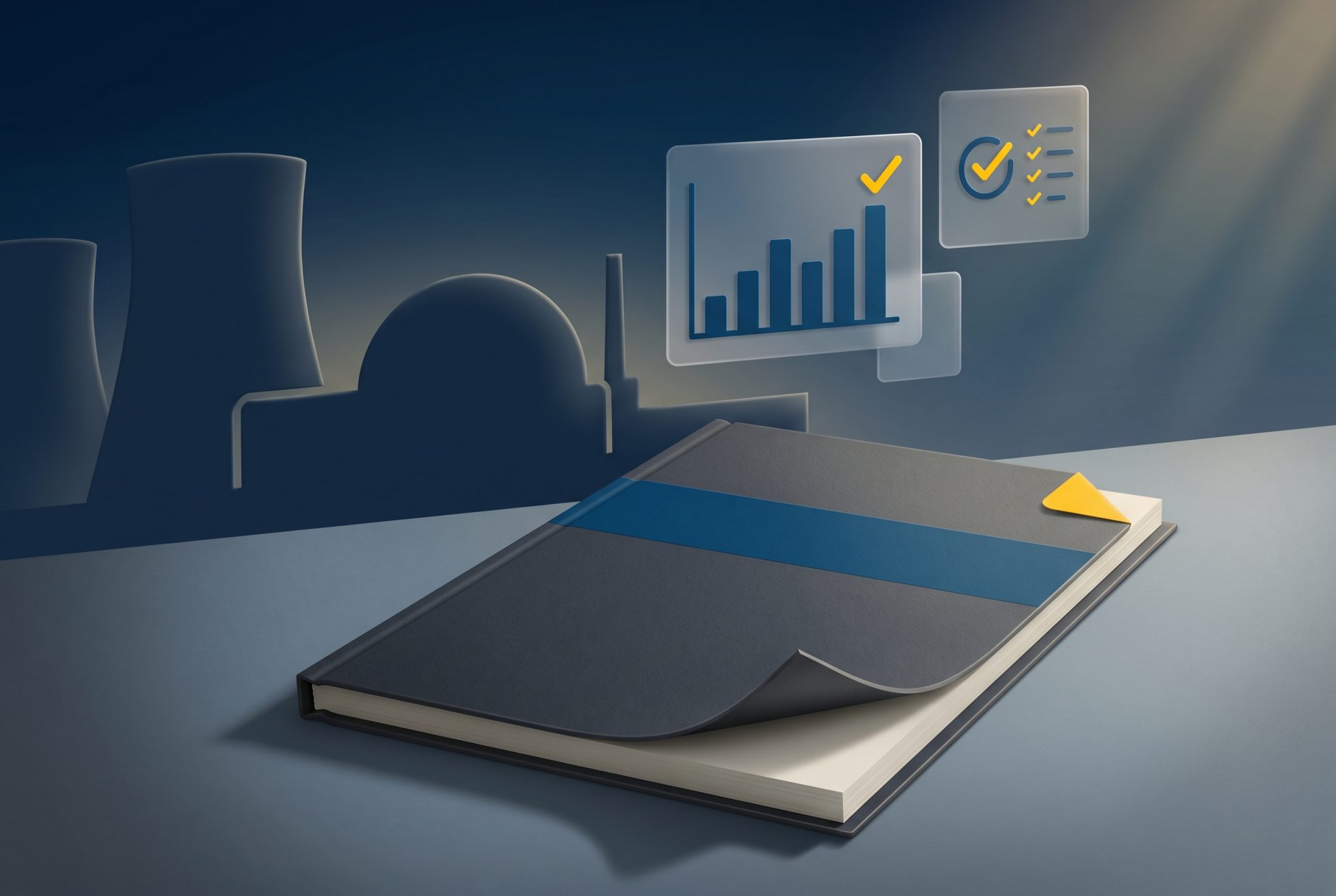 Editorial 3D illustration of an open audit dossier with an OPRaaS Navy band and yellow corner tab, set against a stylised silhouette of nuclear cooling towers, conveying NAO value-for-money scrutiny of public sector labour supply chain assurance