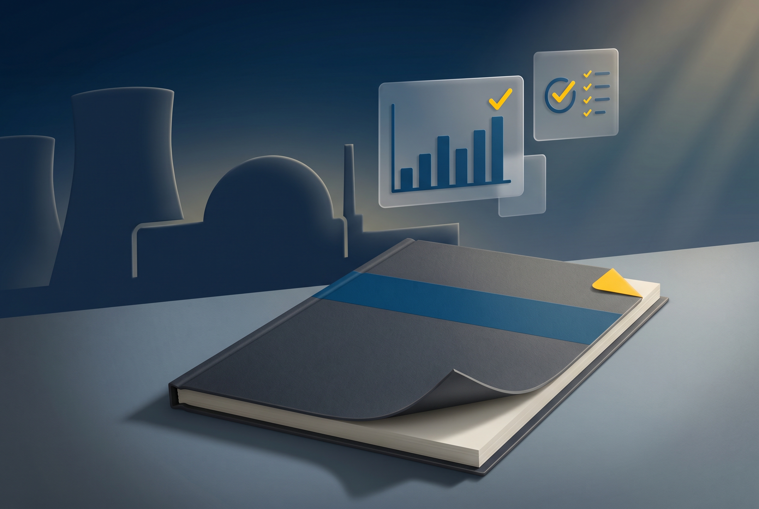 Editorial 3D illustration of an open audit dossier with an OPRaaS Navy band and yellow corner tab, set against a stylised silhouette of nuclear cooling towers, conveying NAO value-for-money scrutiny of public sector labour supply chain assurance