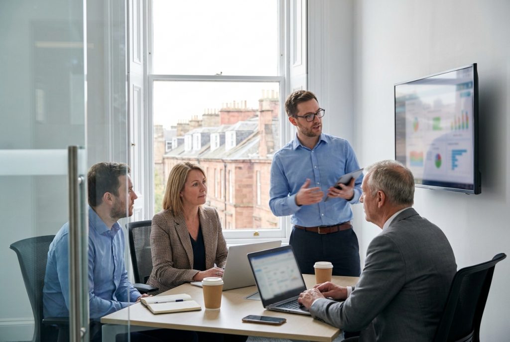 PAYE and NIC compliance review in an Edinburgh end-hirer finance back-office, three colleagues mid-discussion