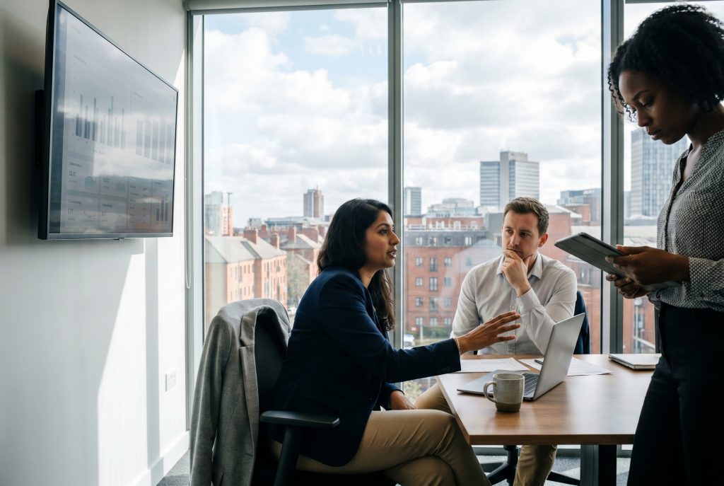 Off-payroll worker compliance planning, end-hirer HR team mid-discussion in a Birmingham finance office