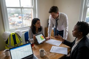 Construction labour supply chain governance, three colleagues mid-discussion in a UK site office with hi-vis and dashboard.