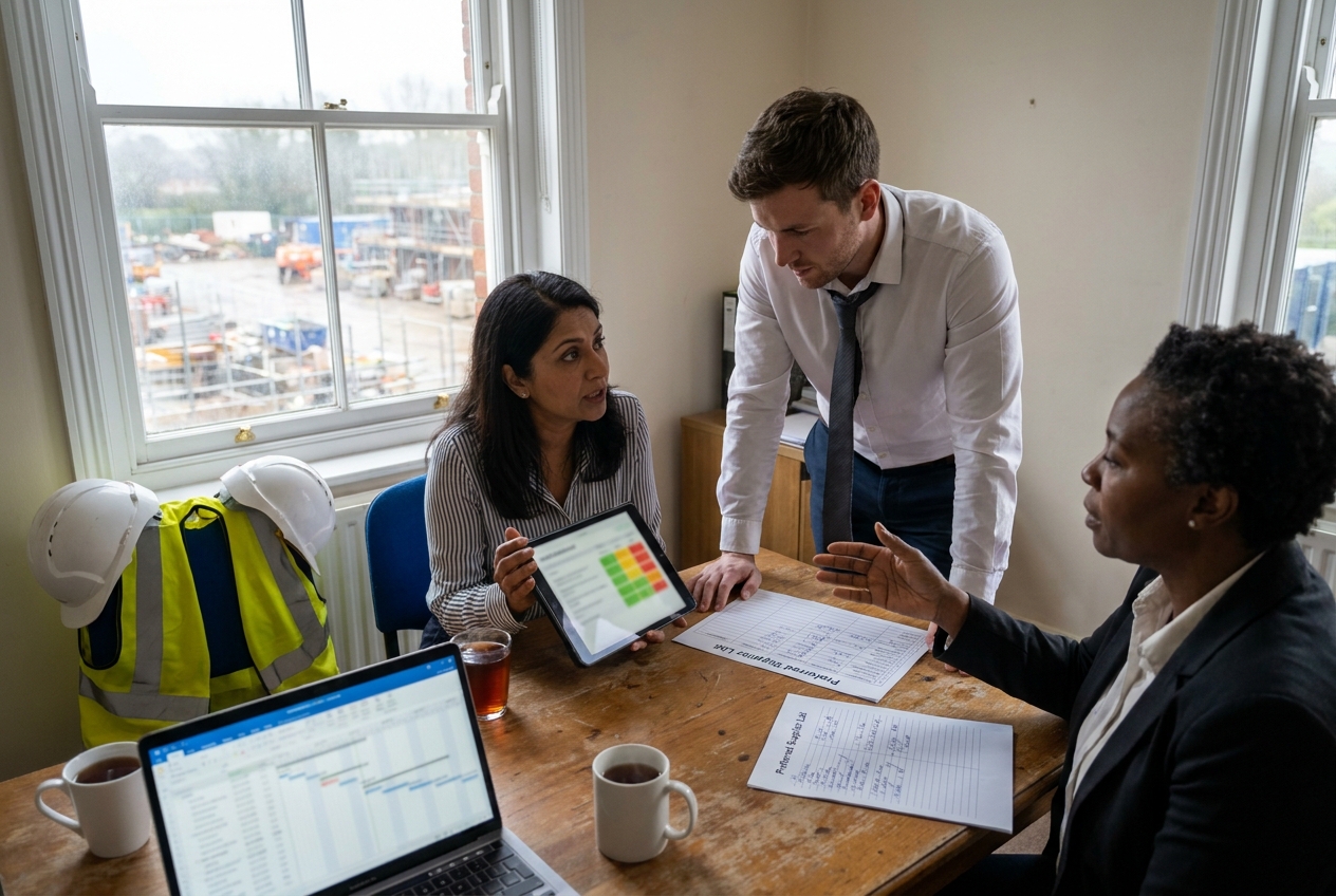 Construction labour supply chain governance, three colleagues mid-discussion in a UK site office with hi-vis and dashboard.