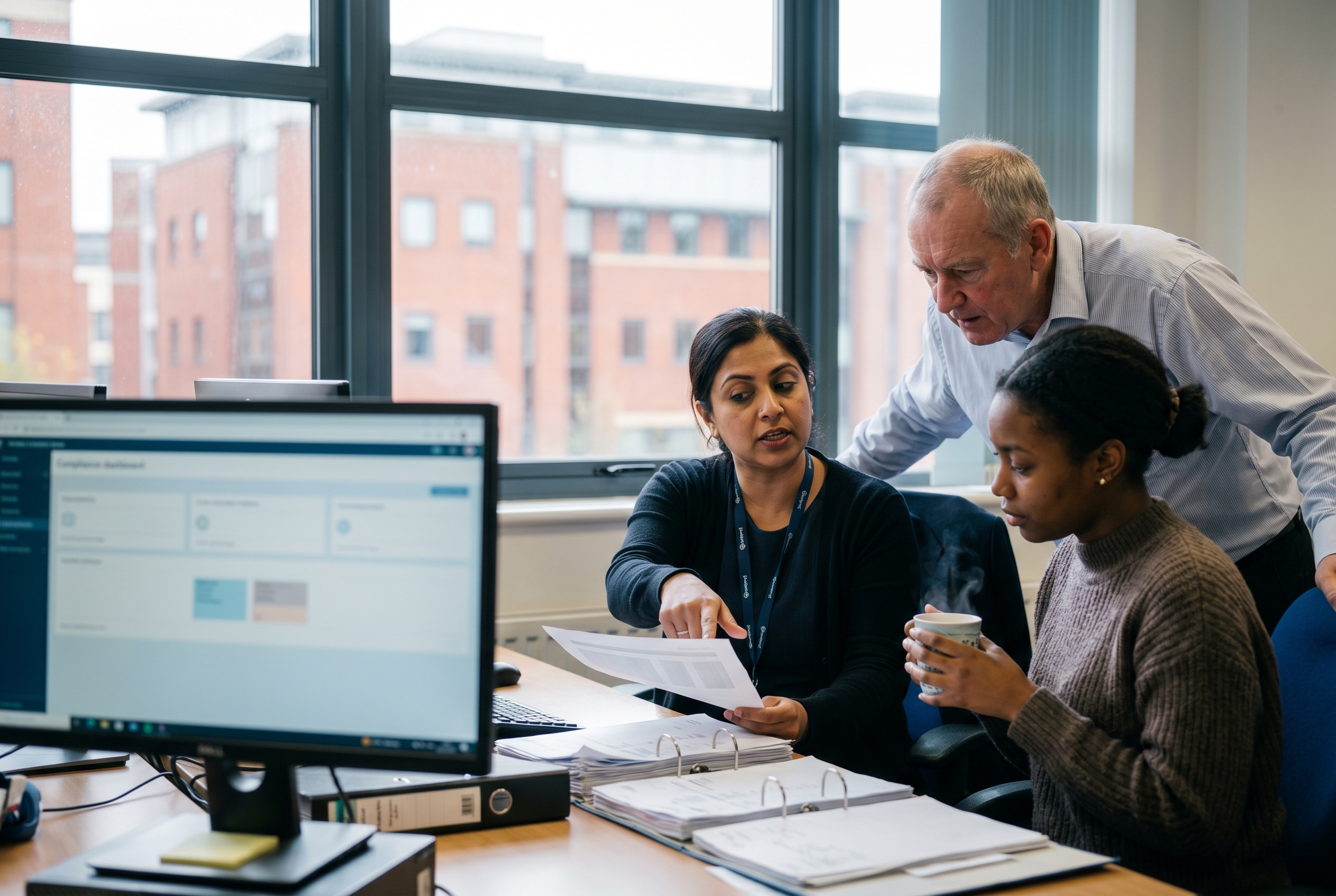 UK payroll team reviewing payslips and a compliance dashboard, illustrating umbrella company compliance