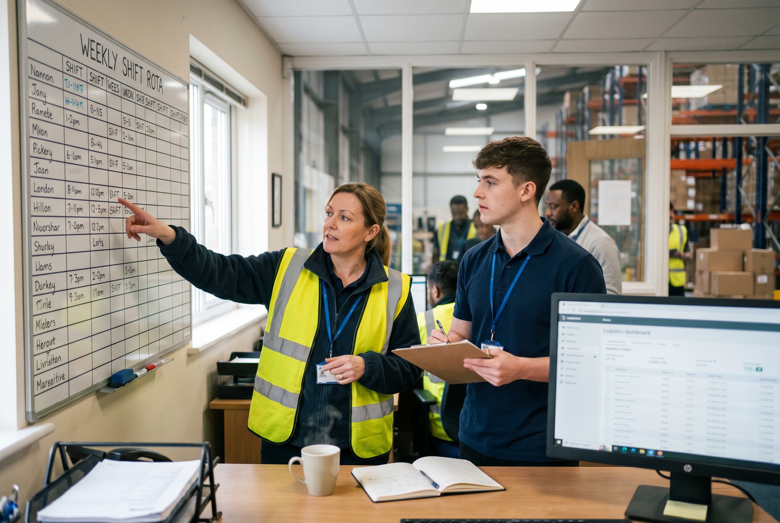 Logistics operations team reviewing a weekly shift rota board, illustrating zero-hours contract compliance