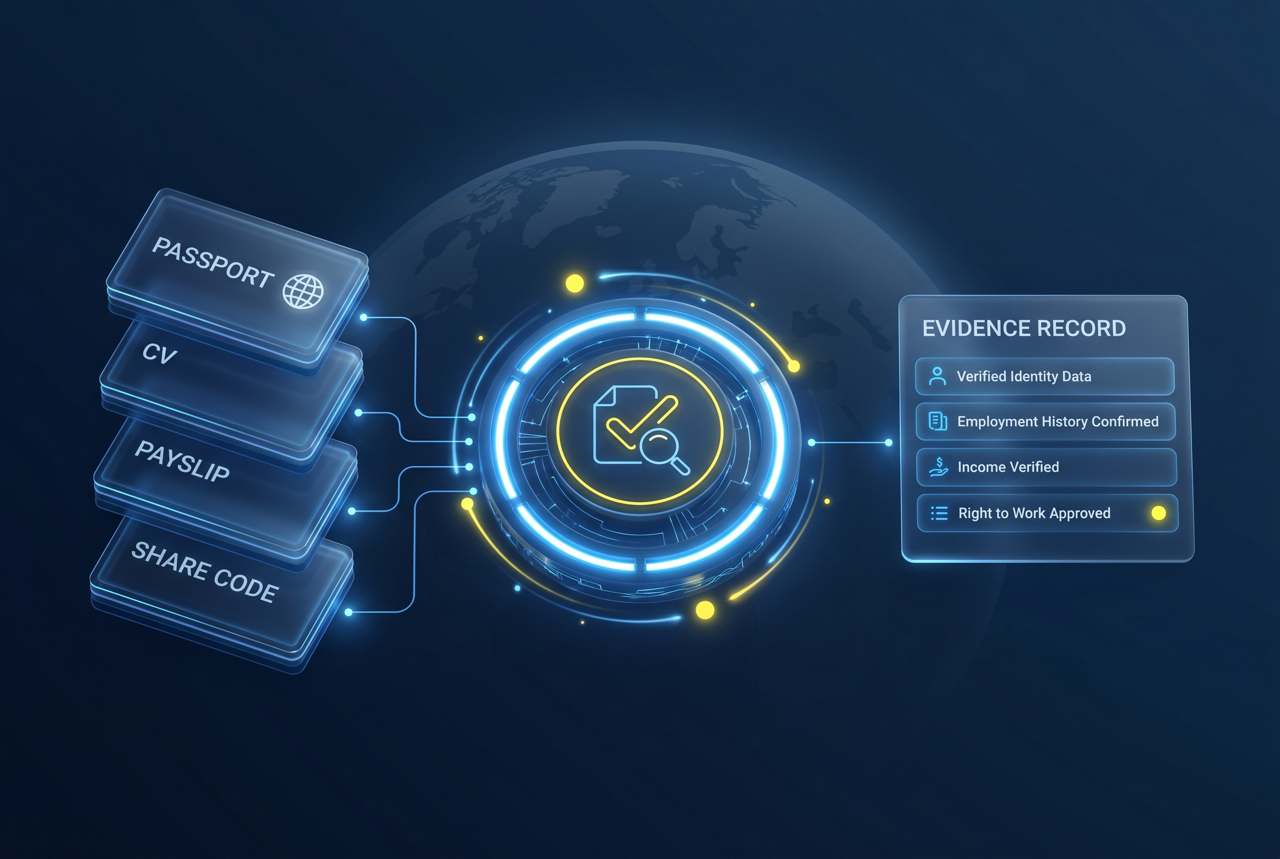 Payroll onboarding compliance: passport, CV, payslip and share code verified by AI into an evidence record