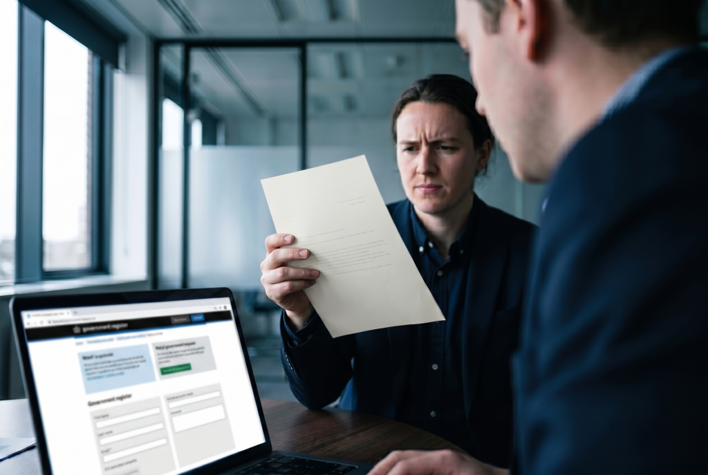 Labour supplier due diligence: a professional sceptically checking a supplier document against an online register