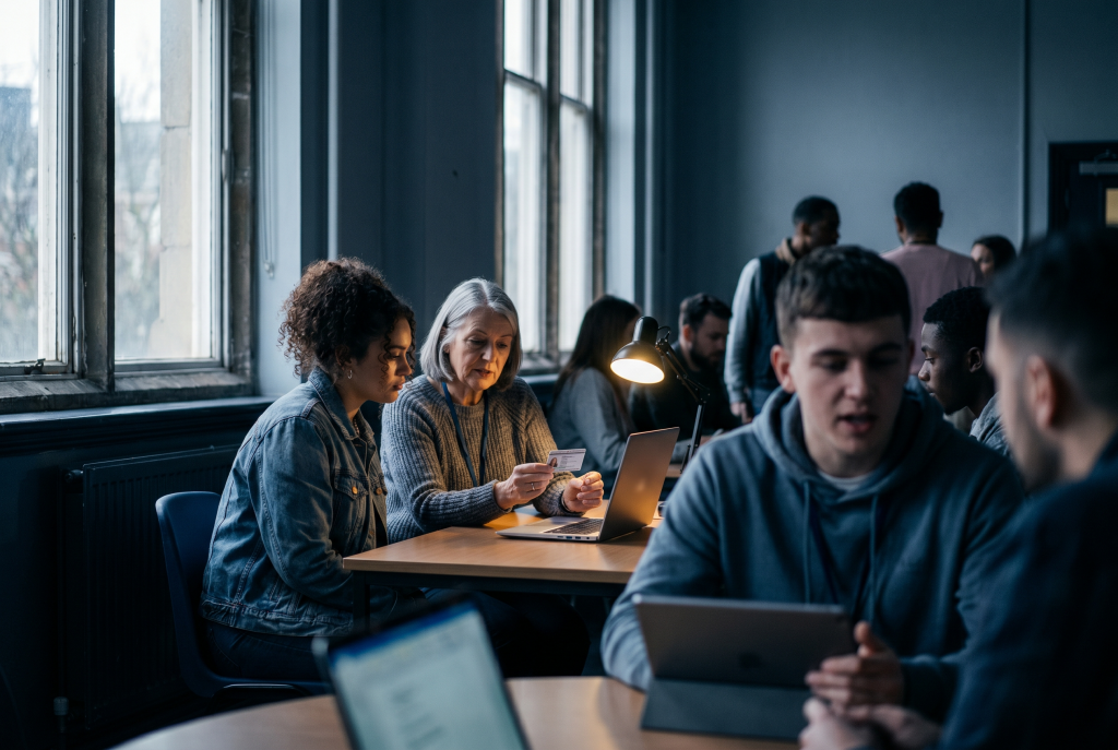 Young worker compliance in practice: a careers adviser checks a young person's ID at a UK college onboarding desk
