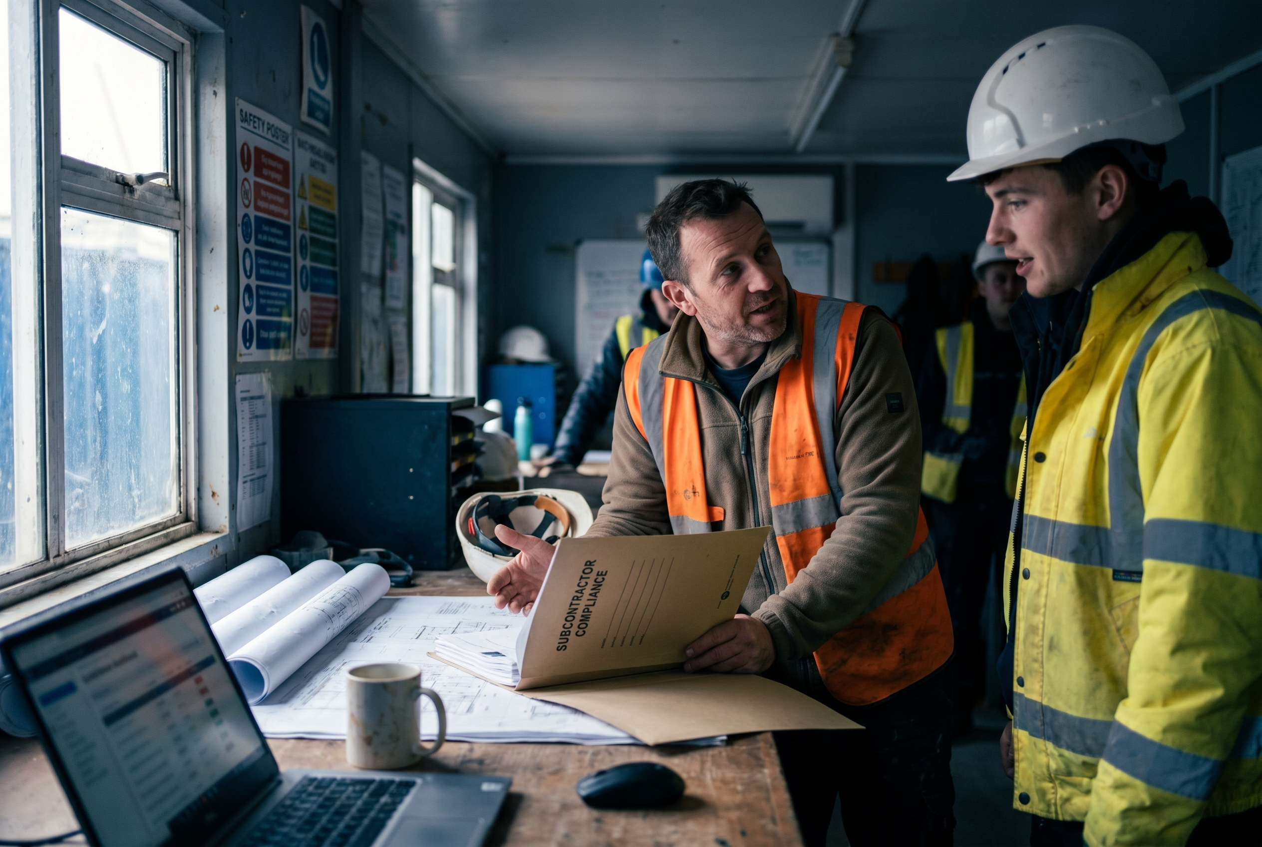Construction site manager reviewing a subcontractor compliance folder, the everyday work of social value assurance