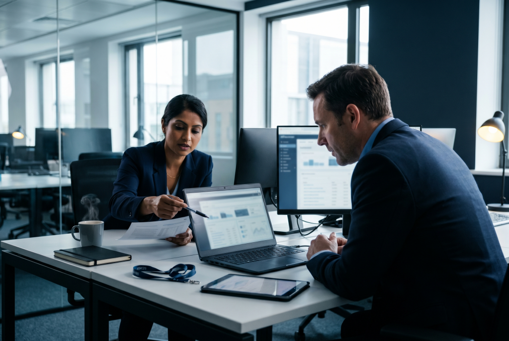 Off-payroll working compliance review in a UK office: two colleagues checking a contractor status determination