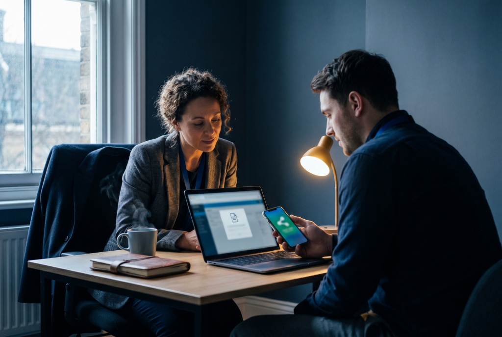 An onboarding coordinator and a new worker complete a right to work check on a laptop in a UK office