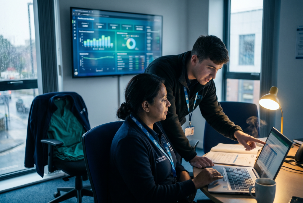 NHS workforce coordinators review an agency staffing roster on a laptop in a Trust office