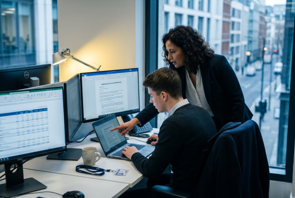 A finance team reviews an IR35 small company exemption status determination against filed accounts
