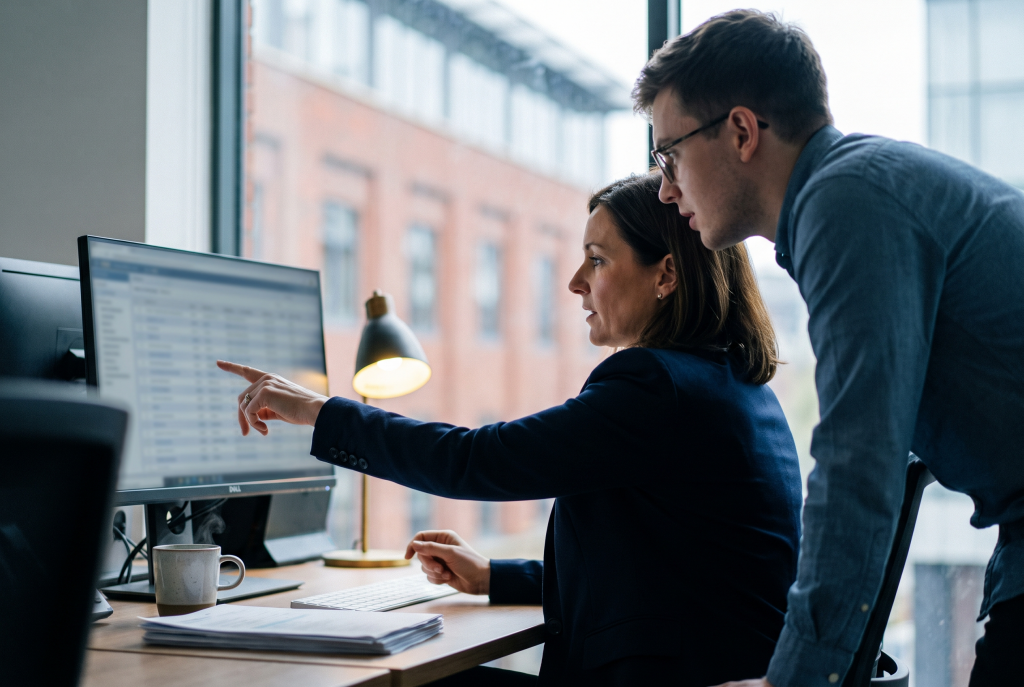 Two professionals reviewing a supplier company record on screen, illustrating Companies House reform and supplier due diligence