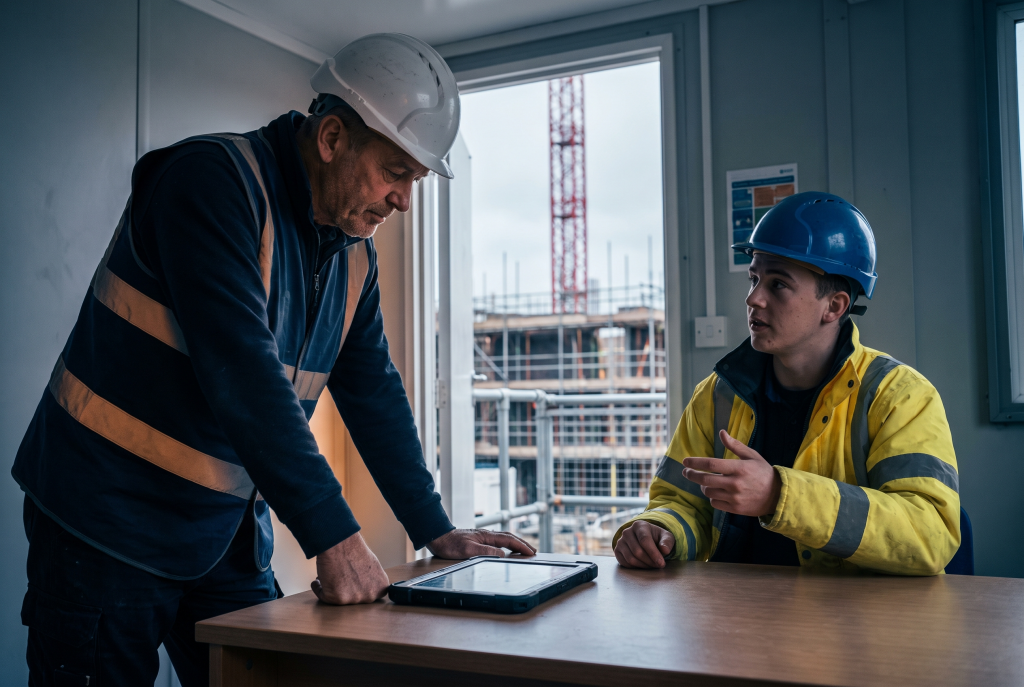 Workforce turnover in construction: a site supervisor checks a new worker's right-to-work document in a site cabin