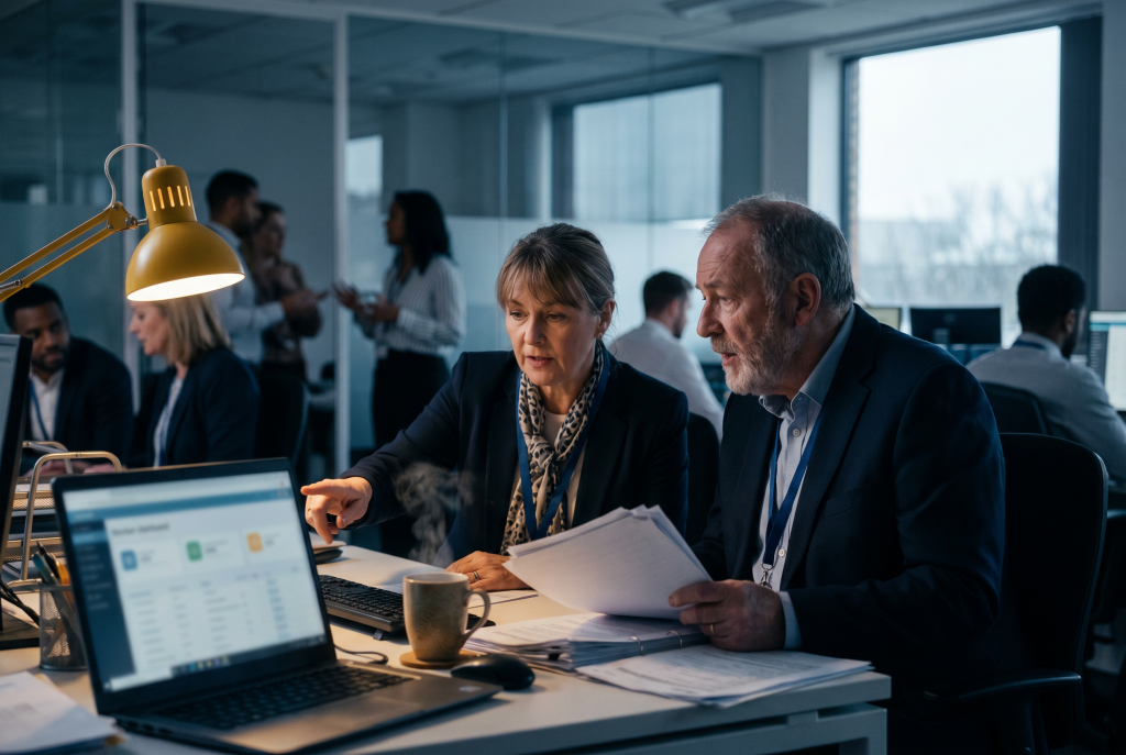 Recruitment consultants assessing a temporary worker's employment status against a contract and screen record