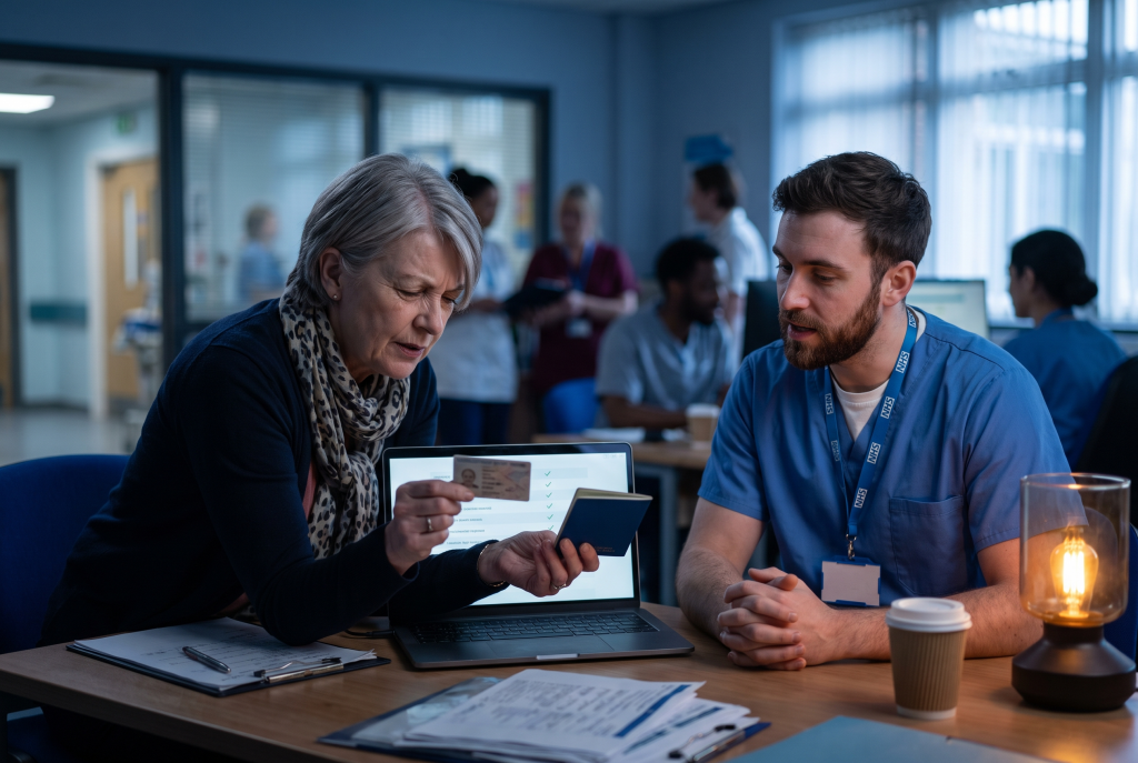 Worker screening at onboarding: an NHS coordinator checks a temporary worker's right-to-work document against a checklist