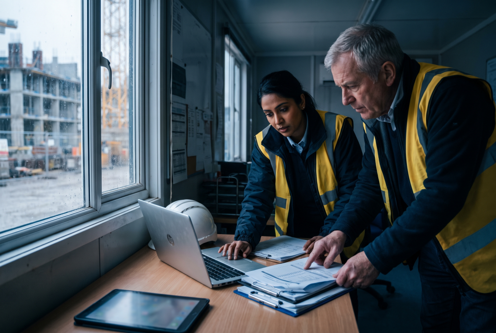 CIS subcontractor compliance check as site staff review subcontractor paperwork in a UK construction site office