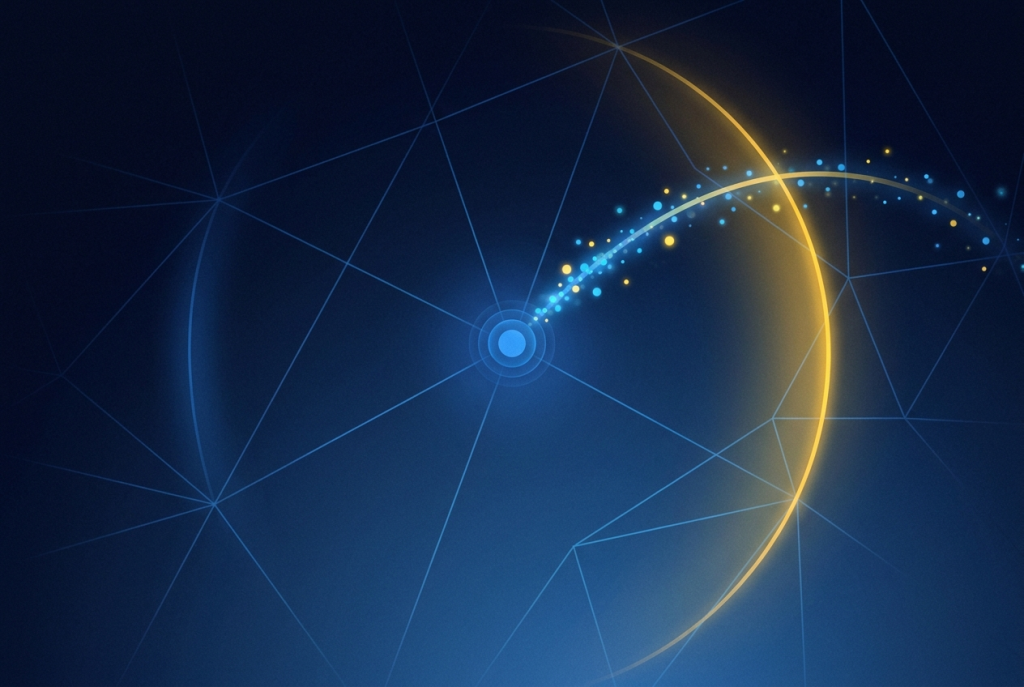 Abstract navy and yellow illustration of a data pathway curving back to a central node, representing IR35 tax liability returning to the client.