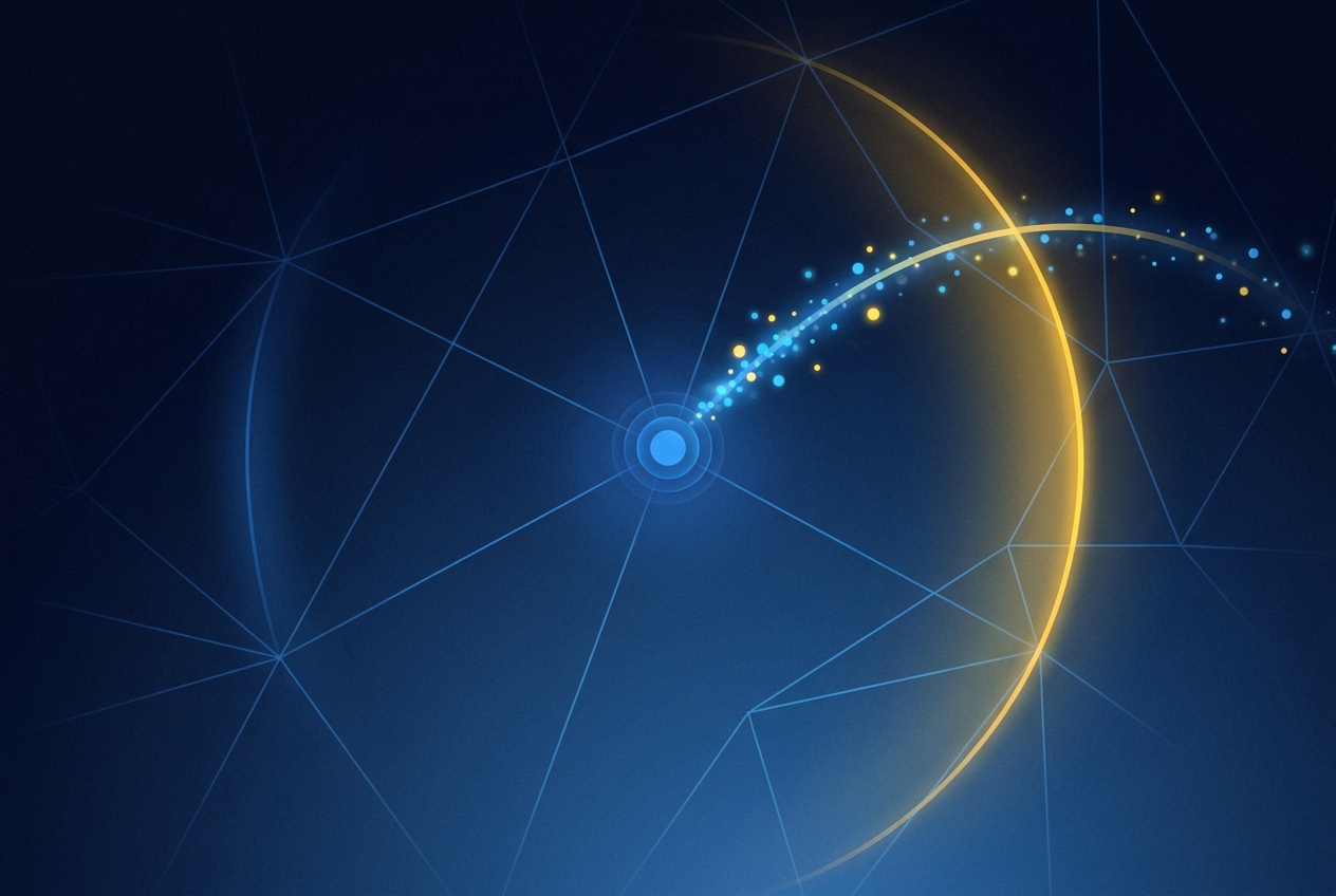 Abstract navy and yellow illustration of a data pathway curving back to a central node, representing IR35 tax liability returning to the client.