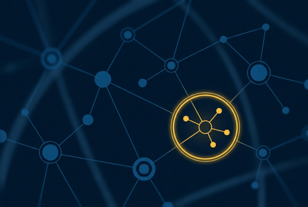 Abstract navy illustration of a supply chain node highlighted under a yellow inspection ring, representing umbrella company due diligence.