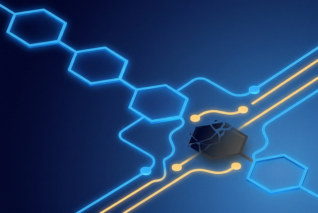 Abstract navy illustration of a broken supply chain link with light rerouting around the gap, representing supplier insolvency risk.