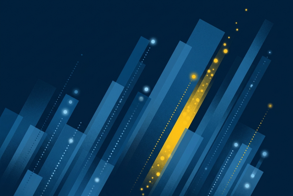 Abstract navy and yellow illustration of upward-flowing bars, representing a workforce shift to temporary agency workers.