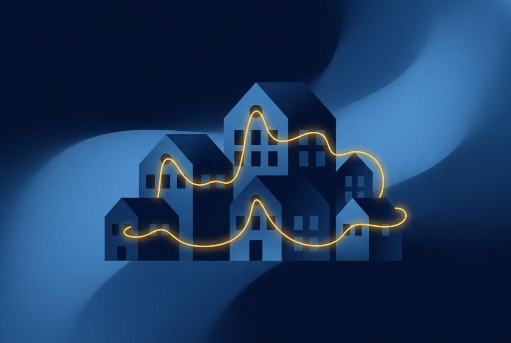 Minimalist navy illustration of many school buildings linked by one continuous yellow line, representing Multi-Academy Trust governance and Labour Supply Chain Assurance across every school.