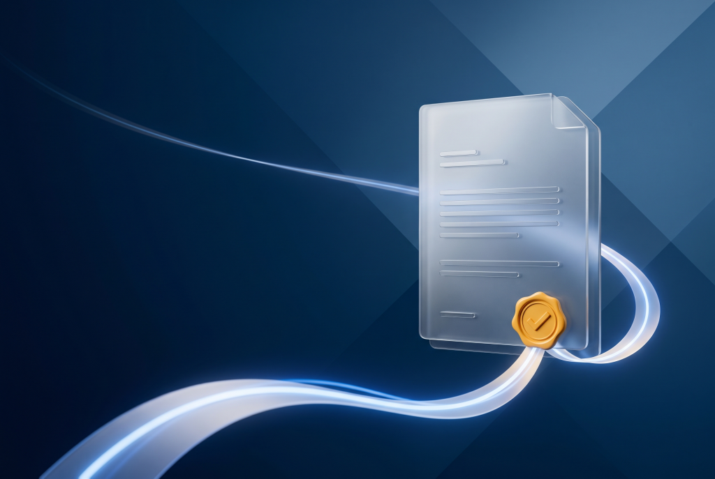 Statement of Work governance concept: a signed contract with a verification seal and a continuing assurance flow