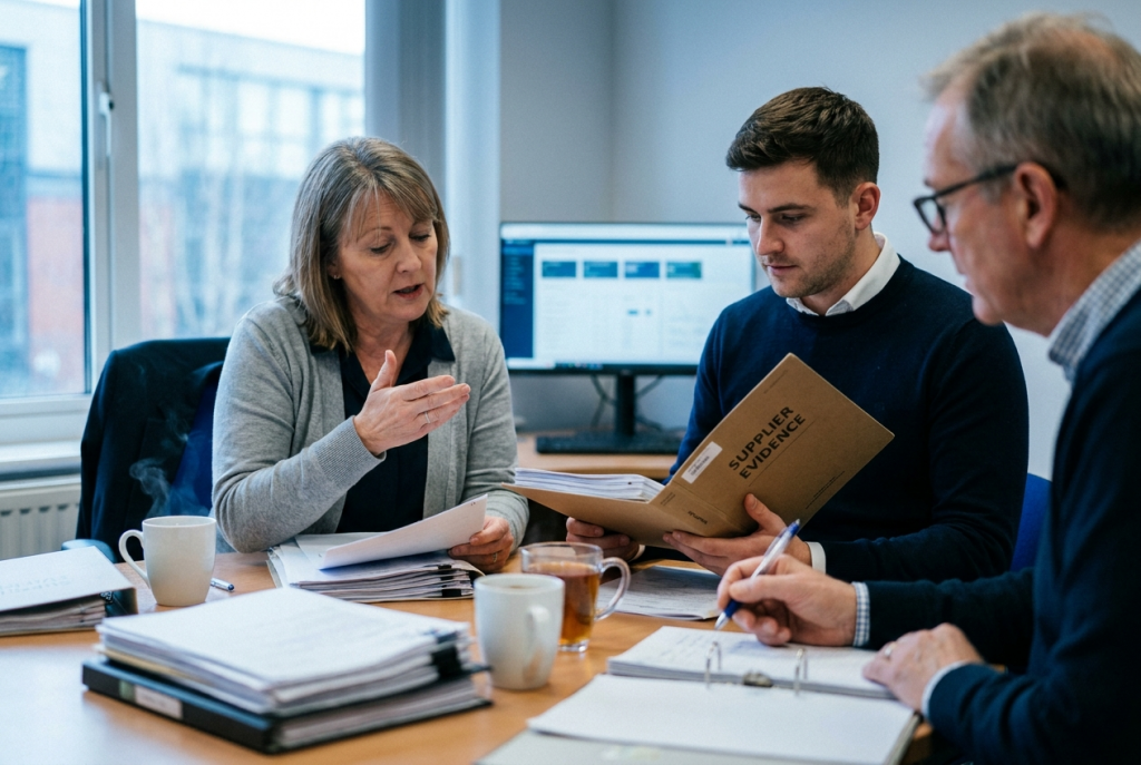 Recruitment agency compliance colleagues reviewing supplier evidence, illustrating continuous labour supply chain due diligence between accreditation assessments