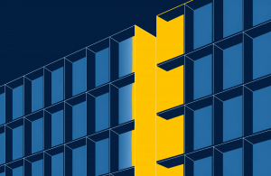 Fair Work Agency graphic, many separate glazed bays of a curtain wall organised around one bright lit central atrium