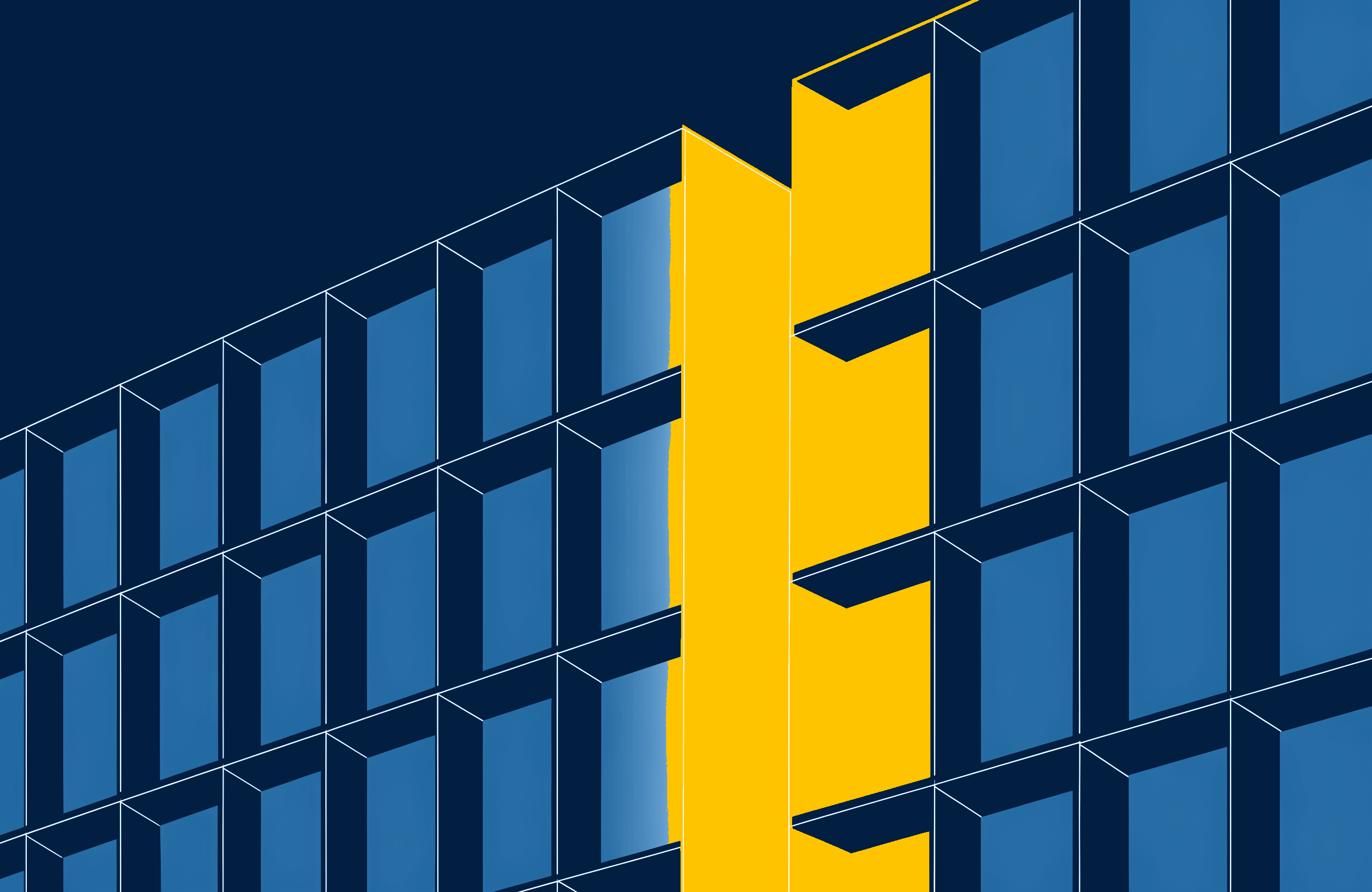 Fair Work Agency graphic, many separate glazed bays of a curtain wall organised around one bright lit central atrium