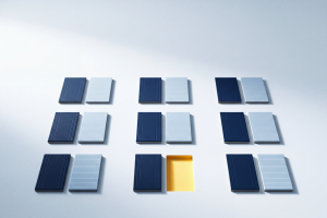 Payslip verification: nine pairs of record tiles, one pair missing its confirming record, the empty slot marked yellow
