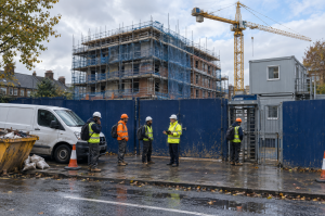 Contractor insolvency leaves construction workers outside a locked site turnstile as a site manager briefs them