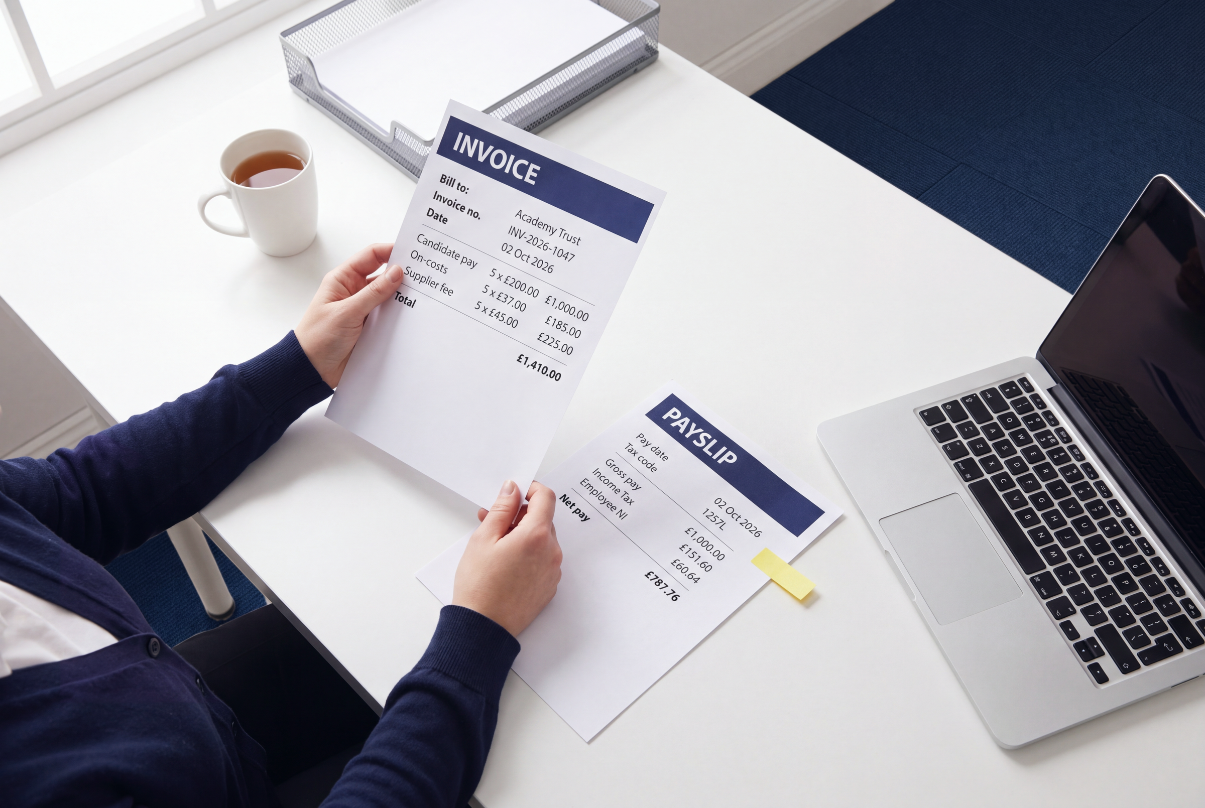 Supply teachers framework invoice held above a supply teacher's payslip on a modern academy office desk with a laptop